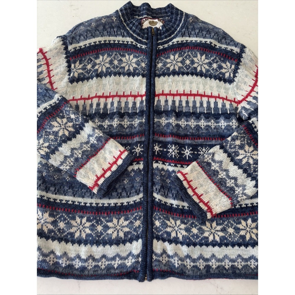 Vintage Tiara International Sweater Women's M Blue Snowflakes‎ Stripes Cardigan